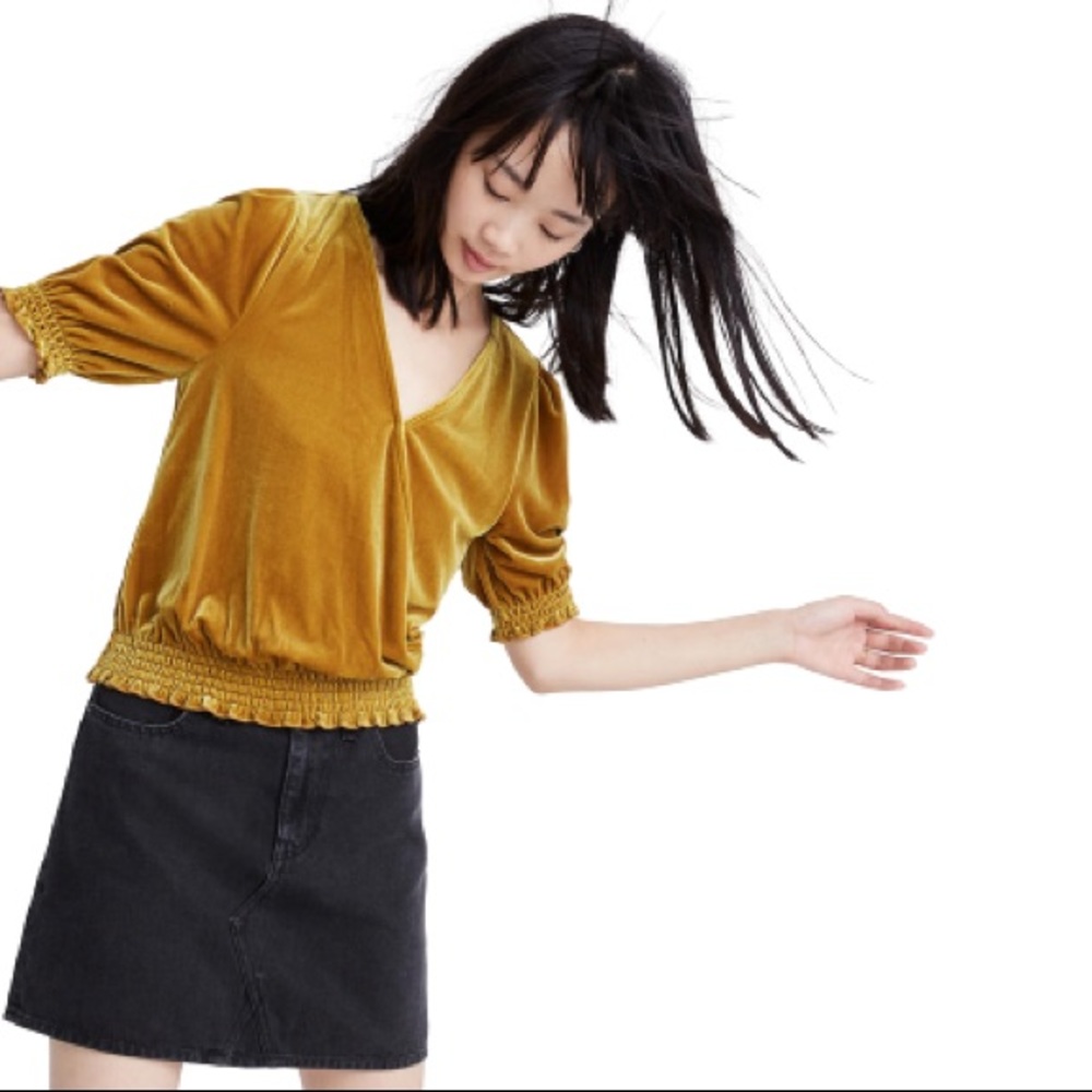 Madewell Gold Velvet Smocked Crossover Top- Size XXS